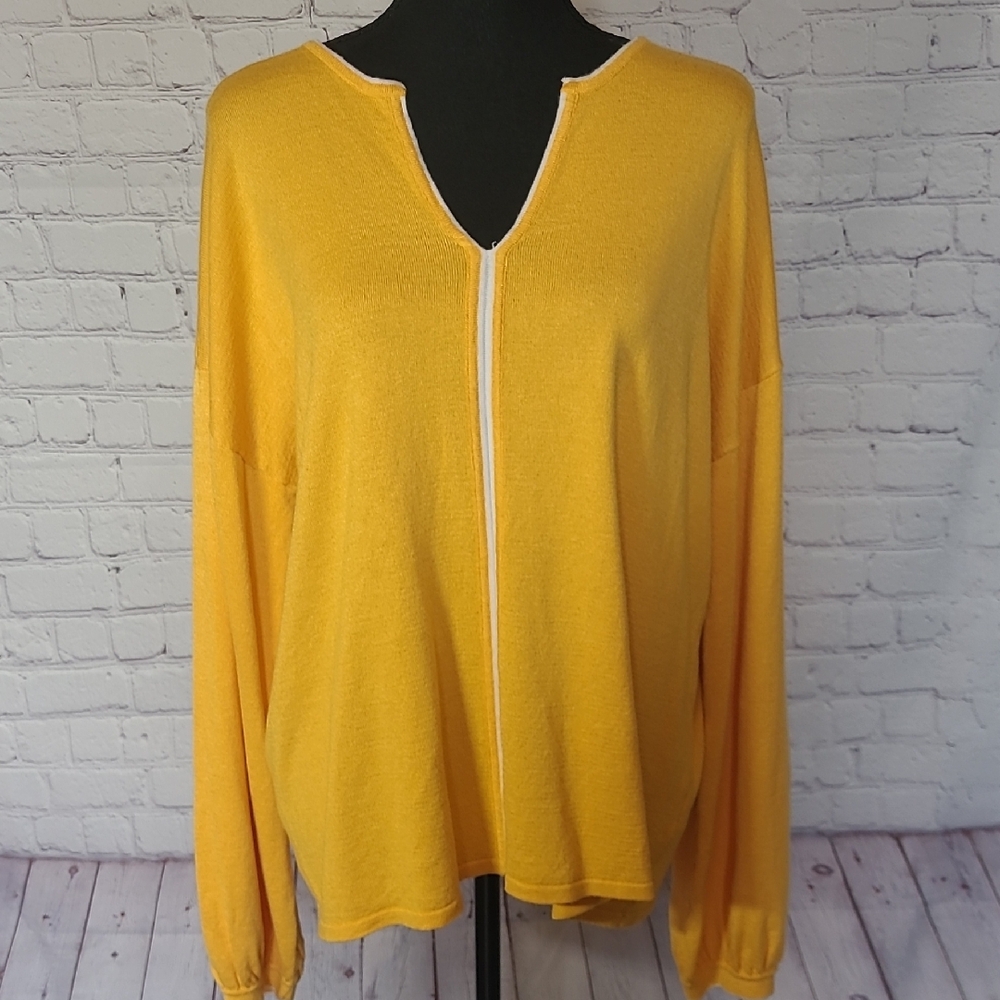 Yellow White Large Sweater Isela Long Sleeve Soft V Neck Lightweight
